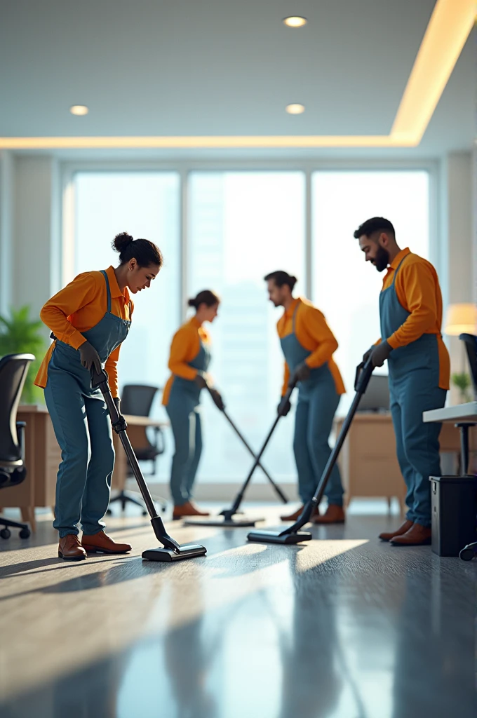 4 people cleaning office