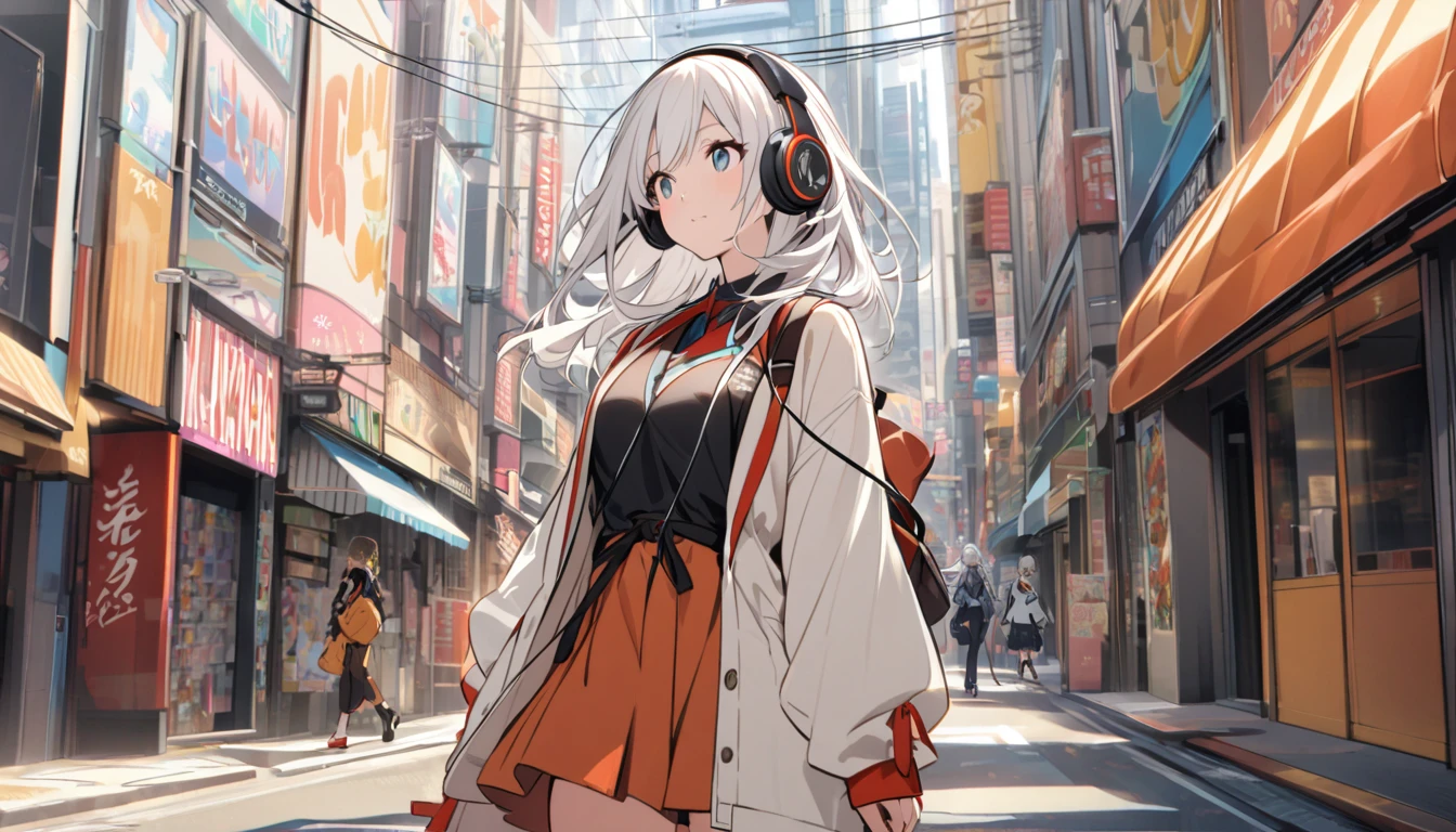 A woman with white hair and cute clothes taking a walk in Akihabara,Streetscape、Listening to music with headphones、Japanese