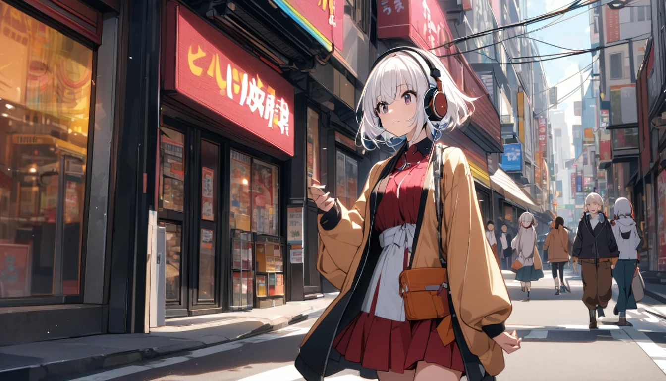 A woman with white hair and cute clothes taking a walk in Akihabara,Streetscape、Listening to music with headphones、Japanese