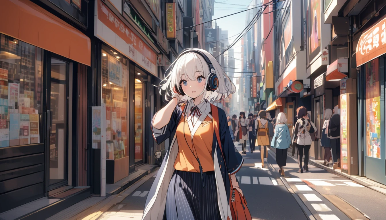 A woman with white hair and cute clothes taking a walk in Akihabara,Streetscape、Listening to music with headphones、Japanese