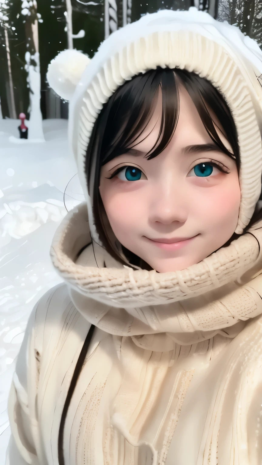 (Highest quality: 1.5), (masterpiece: 1.2), (Realistic: 1), 4K, (RAW Photos: 1.1), 1 person, Baby Face, 20-year-old, Looking at the audience, Black Hair, Icelandic, snow, ice, cold, Eskimo, Portraiture, winter, gloves, scarf, close your eyes, smile, cute, Upper Body, snow piled up, Wide Shot,