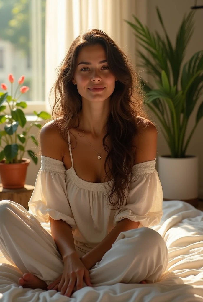 (photorealism:1.2), beautiful woman, sitting on bed, wearing loose off-shoulder top, pajama pants, long curly hair, indoors, soft lighting, plants in background, window with sunlight, cozy room, relaxed pose, realistic, intricate details, warm colors, by Greg Rutkowski, by Alphonse Mucha