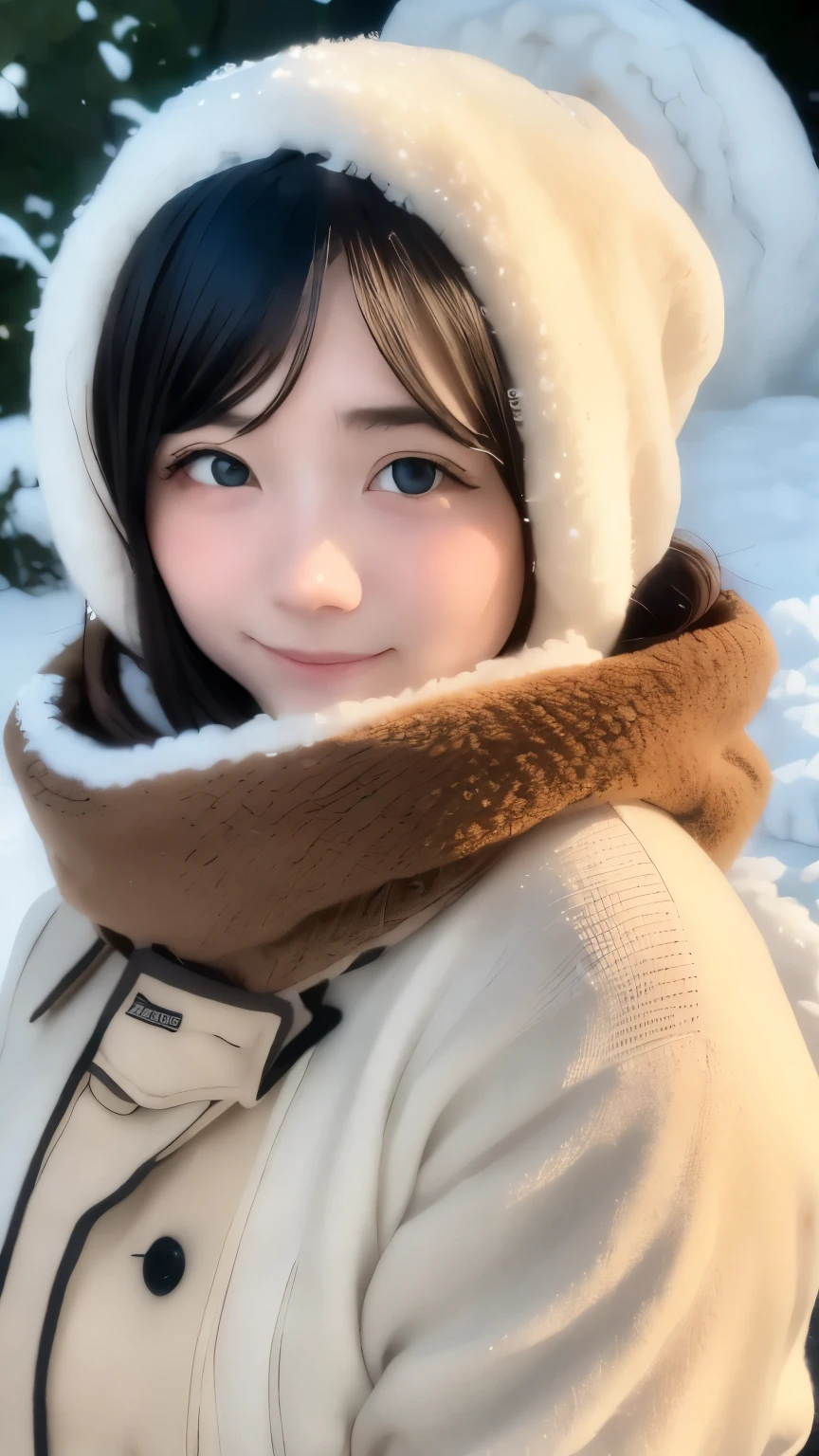 (Highest quality: 1.5), (masterpiece: 1.2), (Realistic: 1), 4K, (RAW Photos: 1.1), 1 person, Baby Face, 20-year-old, Looking at the audience, Black Hair, Icelandic, snow, ice, cold, Eskimo, Portraiture, winter, gloves, scarf, close your eyes, smile, cute, Upper Body, snow piled up, Wide Shot,