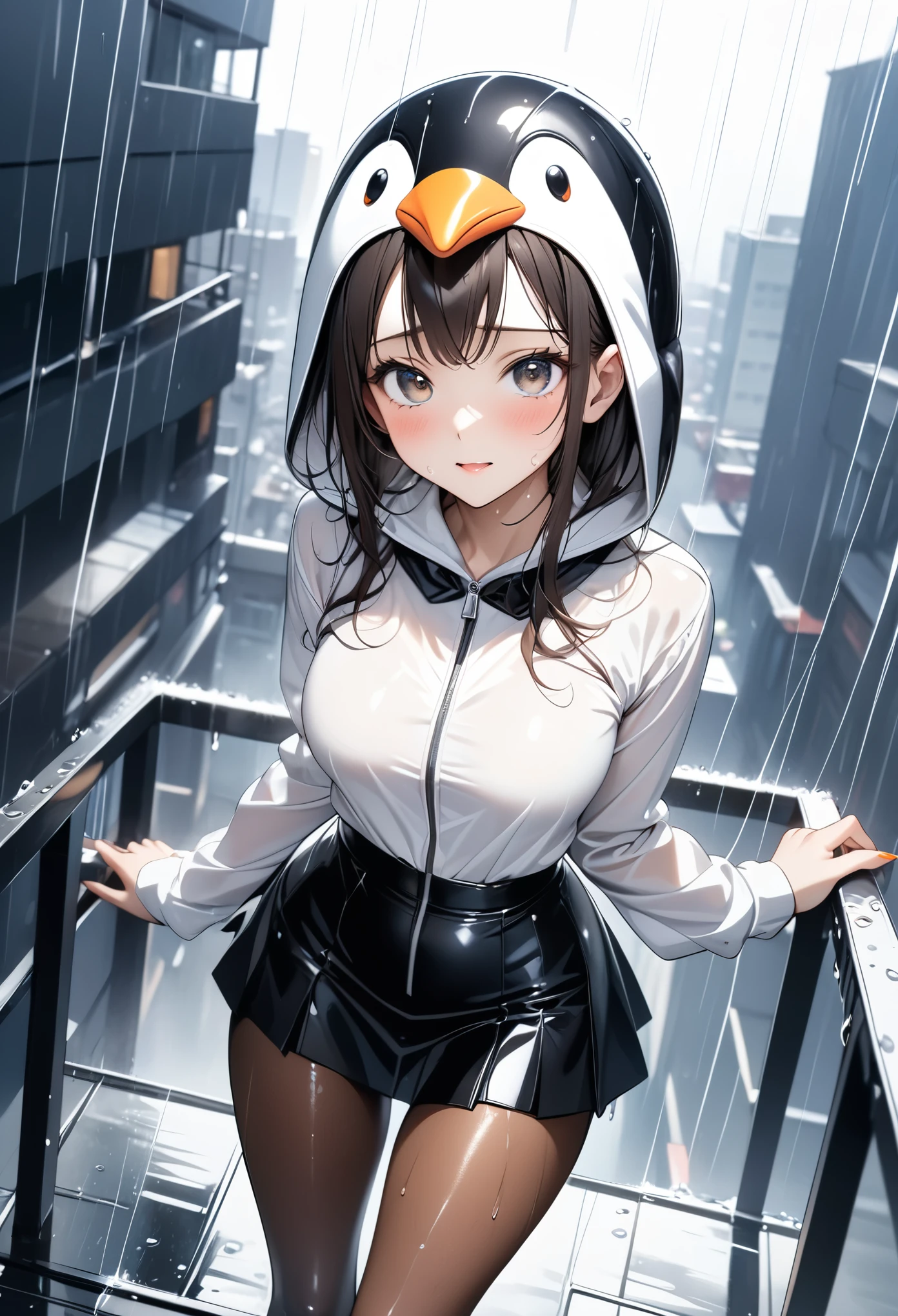 (((Black and white penguin costume, Leather panties, skirt, Pantyhose, Stiletto heels, Penguin hat))), ((Shiny Costumes)), skindentation, skinny, solo, 1 woman, Masterpiece, highest quality, highest quality, 16K, incredibly absurd, highly detailed, 2.5D, ai-generated, delicate and dynamic, very delicate facial expressions, delicate eye depiction, erotic, only sexy woman, ((A cute and kind face)), healthy figure, ((1 woman)), 160cm tall, medium firm swaying bust, Dark Hair, blush, Sweat,Embarrassed,sexy, ((thin thighs)), shiny and lustrous, facing straight at viewer, (((in heat))), ((Oily_skin)), ((Lots of sweat)), (((Brown Skin))), ((dutch angle)), ((erotic pose)), (((Dynamic Pose))), ((Heavy rain is falling, I'm standing on the roof of a building, soaking wet, in the rain)),