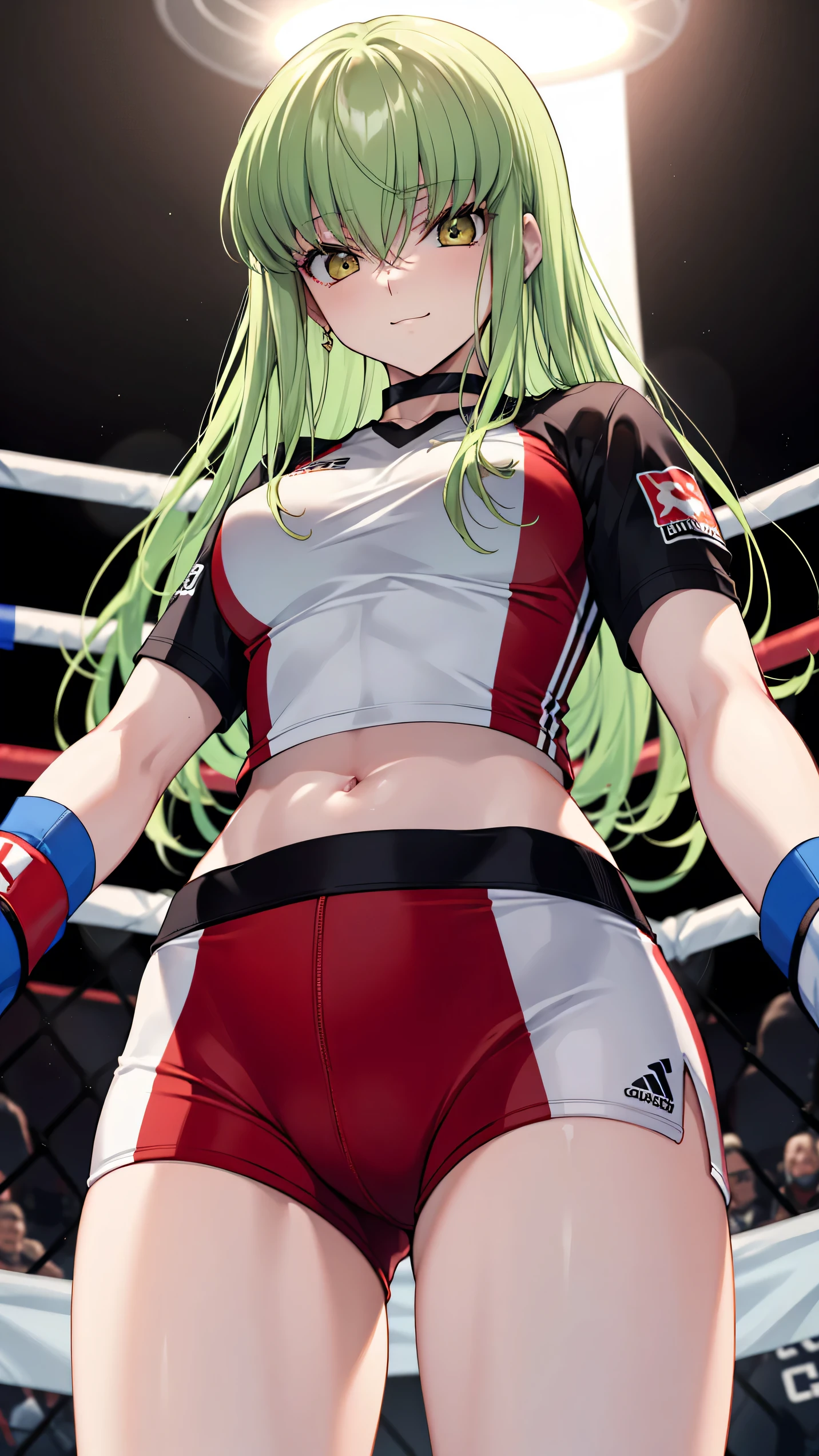 CC_Code Geass, Hair between the eyes, Very long hair 1 person, Bright light, Smirking, alone, Cowboy shot, (masterpiece, Highest quality), 8k, Intricate details, from below, (on MMA Arena :1.5), (wearing MMA uniform:1.5, white tops and black bottoms:1.3), thigh, belly button,((Highest quality)), Sharp focus: 1.2, Highly detailed face, Highly detailed eye,