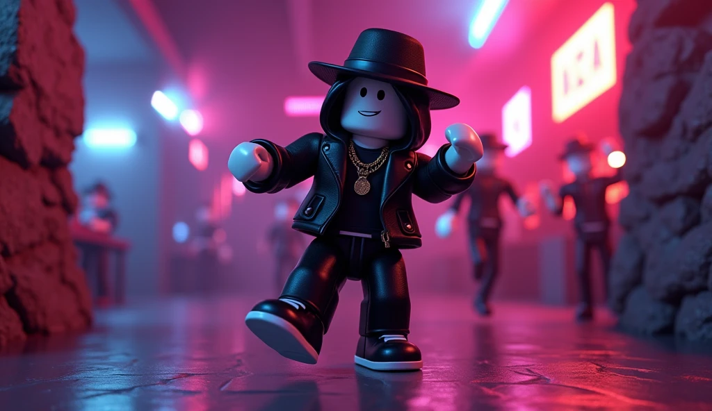 Beautiful square Roblox male doll, wearing gangster clothes with black hair and hat dancing reggaeton, white skin, no mouth and beautiful body, cartoon, Vice City GTA, background of a nightclub with rocky walls