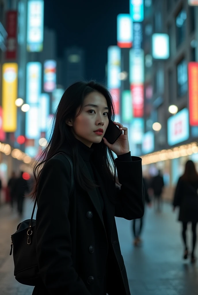 Asian woman 30 years old long black hair talking on a cell phone walking on the streets of Tokyo at night wearing black clothes