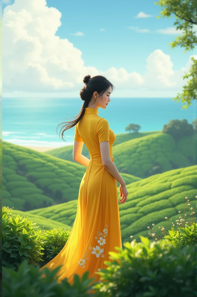 Yellow Vietnamese Ao Dai, Tea hill theme by the sea