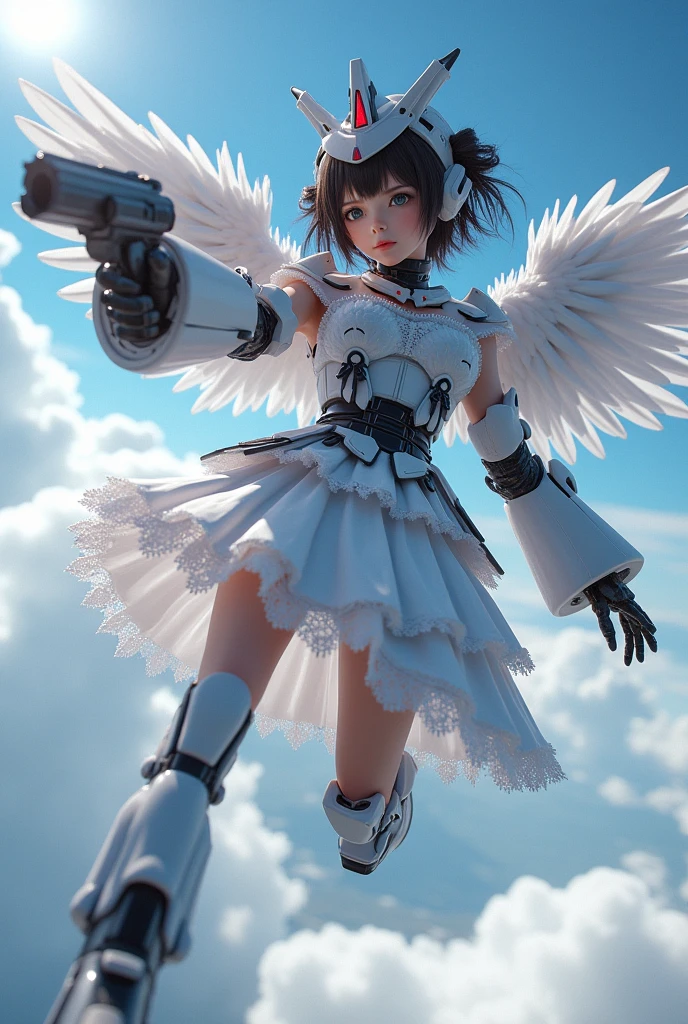 (Highest quality)), ((masterpiece)), (Very detailed: 1.3), 3d, {(Japanese young girl)}, A Japanese girl wears a gothic outfit with white frills under her armor, wears a futuristic Gundam mecha,(Gundam), With headgear, With V fin , Armored Shoulders,Armed, Armor under the feet, Multi-layer texture perfect ratio, Octane Rendering, Duotone Lighting, Low ISO, wide aperture, White balance, Three-part method, Ultra HD 16k, High resolution (High Dynamic Range), Ray Tracing, NVIDIA, Super Resolution, Scattered beneath the surface, PBR Texturing, Post-processing, Anisotropic Filtering, Depth of written boundary, Maximum clarity and sharpness, Highly efficient subpixels, Subpixel Convolution, Particles of light, Scattered Light, Tyndall effect, whole body:1.5, Flying Pose, cute, (cute:1.2), (Bobcut:1.3),Braid, Black Hair, Thick eyebrows, Light-colored irises, Big, bright black eyes, Long eyelashes, Small, light-colored, natural lips, (The average face of the Japan idol), (日本人特有のBaby Face:1.3), (Baby Face), Wide forehead:1.2, Plump Cheeks, Small jaw, Visible side boob, (Mechanical Wings),In the sky,(Shoot in the back:1.5),(Shooting from below), Recall,View your viewers,Focus on the eyes ,Looking up at her from the soles of her feet,Leg spread,Anime