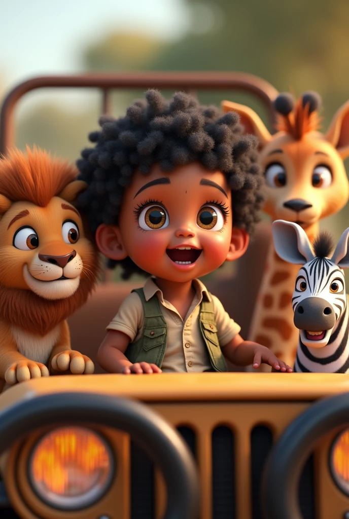 Eight month old baby girl safari dress black wavy curly short hair big round dark eyes full mouth in a jeep with a baby lion a baby zebra a baby giraffe a baby elephant baby inside the jeep Pixar 3D