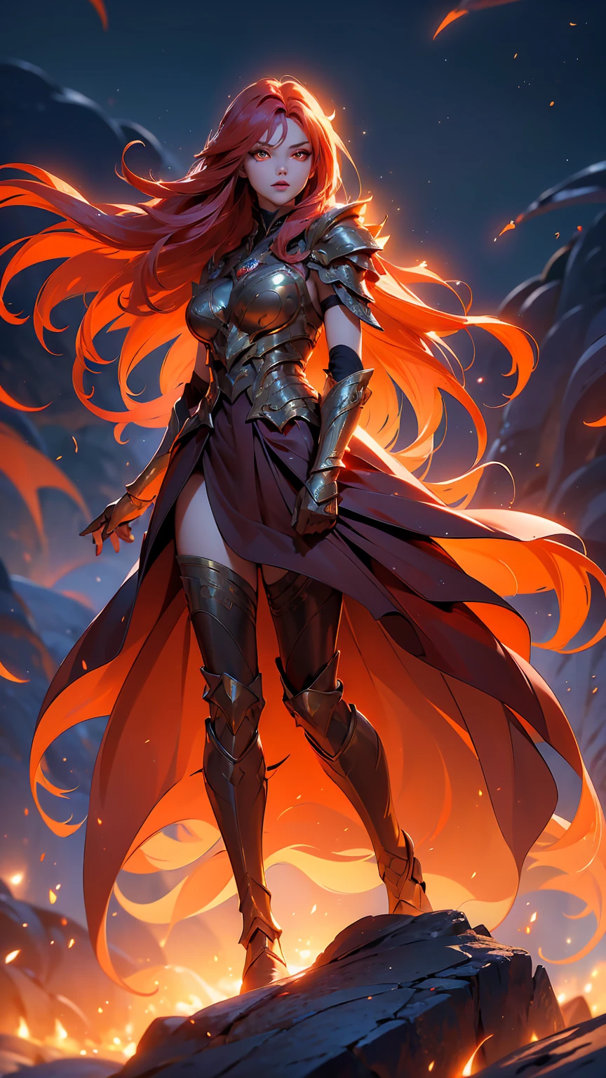(((masterpiece, best quality, 8k))), fierce female leader, (full-body), golden dragon ceremonial armor, radiant glow, long flowing crimson hair, strands caught in the wind, fiery orange eyes, a look of absolute authority, leading an army through a volcanic wasteland, lava flows around her, dragons soaring through ash-filled skies, (intense lighting, dramatic backlight)