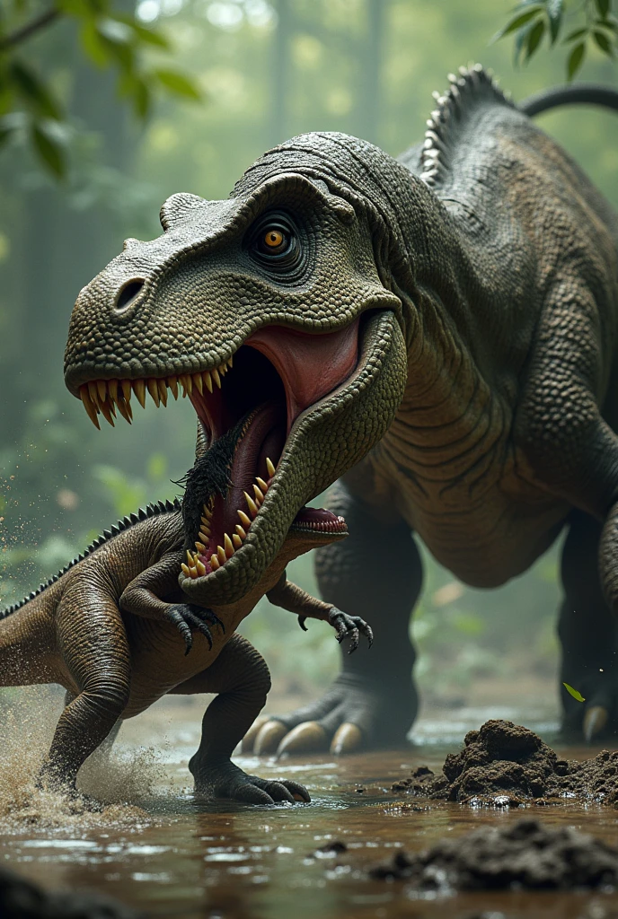 A dinosaur biting another dinosaur