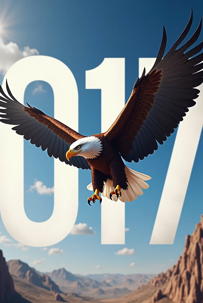 real image of an eagle flying with its wings spread, with the large numbers 017 in the background