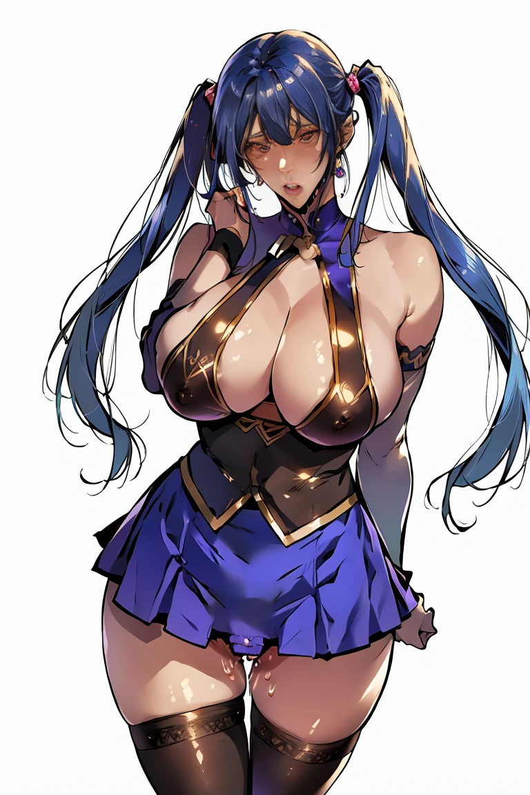 1girl, breasts, female pubic hair, pubic hair, thighhighs, blush, blue eyes, ((micro skirt, bikini ,huge breast:1 ((revealing clothes, see-trough, twintails, detailed eyes, oval face)))), blue hair, long hair, open mouth, sweat, huge breasts, nipples, looking at viewer, bare shoulders, multiple views, areola slip, detached sleeves, bangs, ribbon trim, revealing clothes, cleavage, see-through, white thighhighs, hair between eyes, bikini, thighs, white background, pubic hair peek, heavy breathing, earrings