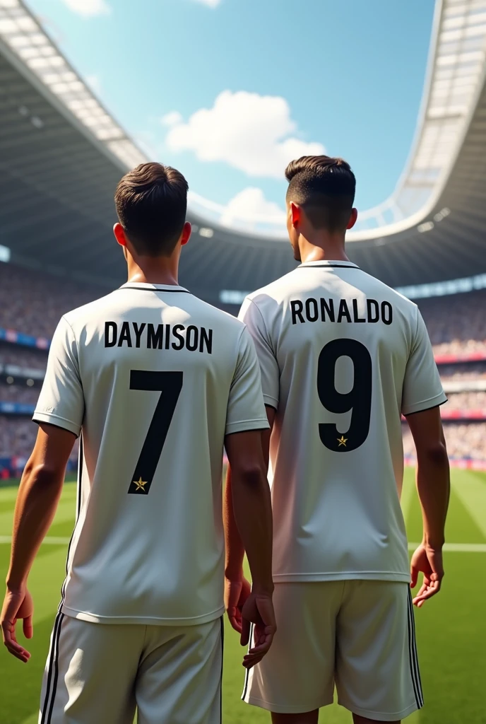 an adult with the real Madrid shirt with the name "daymison" number 7 on his back walking around the stadium and Cristiano Ronaldo with the real Madrid shirt with the name "Ronaldo" with the number 9 on the back walking with daymison