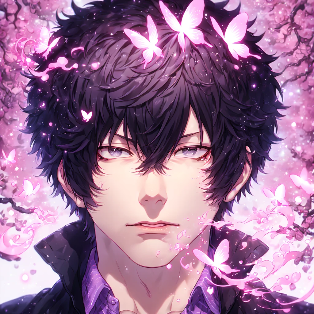 absurdres, highres, ultra detailed, HDR, master piece, best quality, extremely detailed, detailed face, detailed eyes, Hibari Kyouya, black hair, expressive gray eyes, Katekyo Hitman Reborn!, solo, sexy man, manly man, adult face, mature man, handsome, black jacket, purple shirt, unbuttoned shirt, under a pink tree, fantasy, magical, glittering fireflies, pink butterflies, pink flames, magic, pink leaves