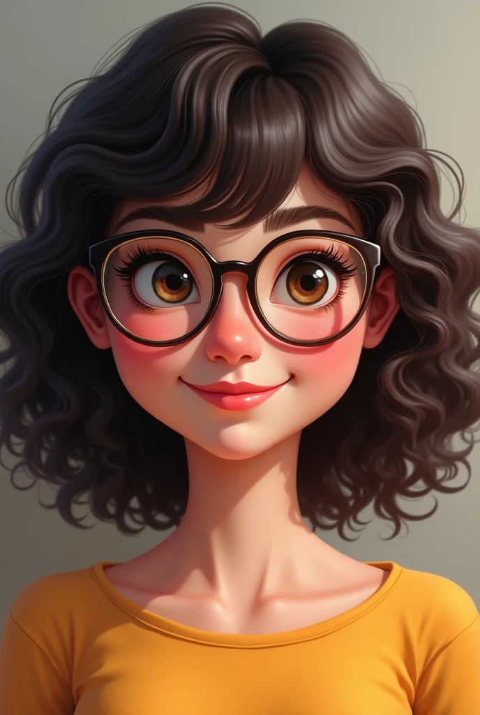Young fat woman with curly hair with bangs on forehead with fair skin wearing glasses