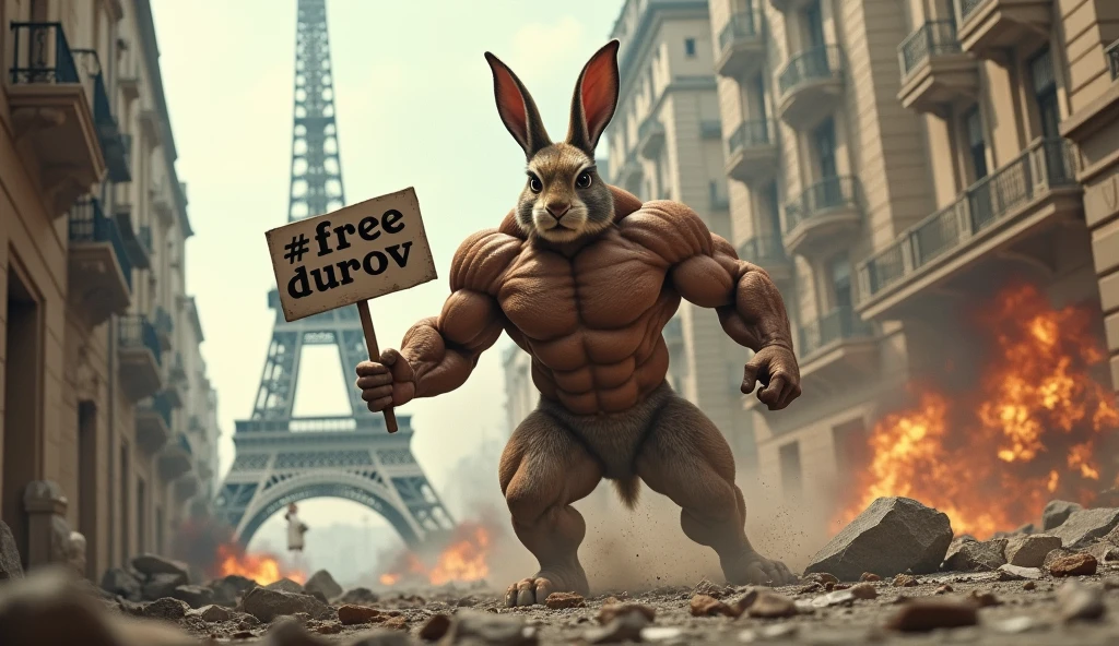 Rocky Rabbit with a six-pack body and a very large and very tall body destroys the Eiffel Tower, the buildings collapse due to the strength of Rocky Rabbit and the dust and smoke rises and the buildings catch fire, there is a painting in Rocky Rabbit's hand that Written #FREEDUROV