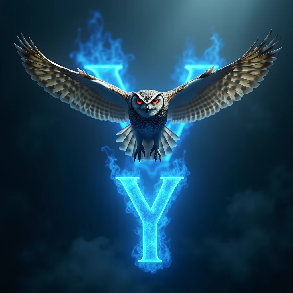 ((realisitic)) A red-eyed owl, flying over the letter Y of blue fire