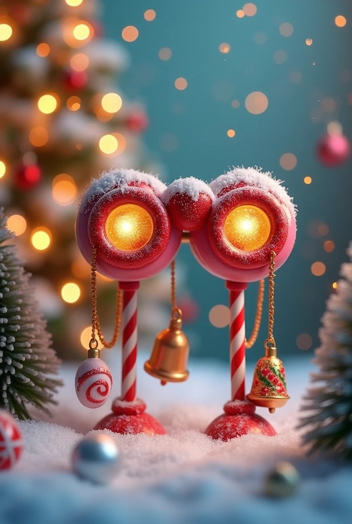 Packaging of some candy-shaped binoculars with Christmas balls hanging on them, allowing you to see Christmas