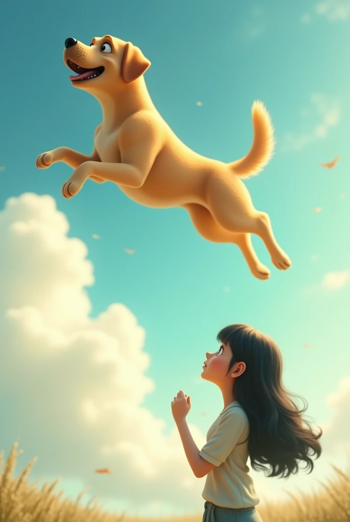 Animated Labrador flying to the sky saying goodbye to black haired white woman