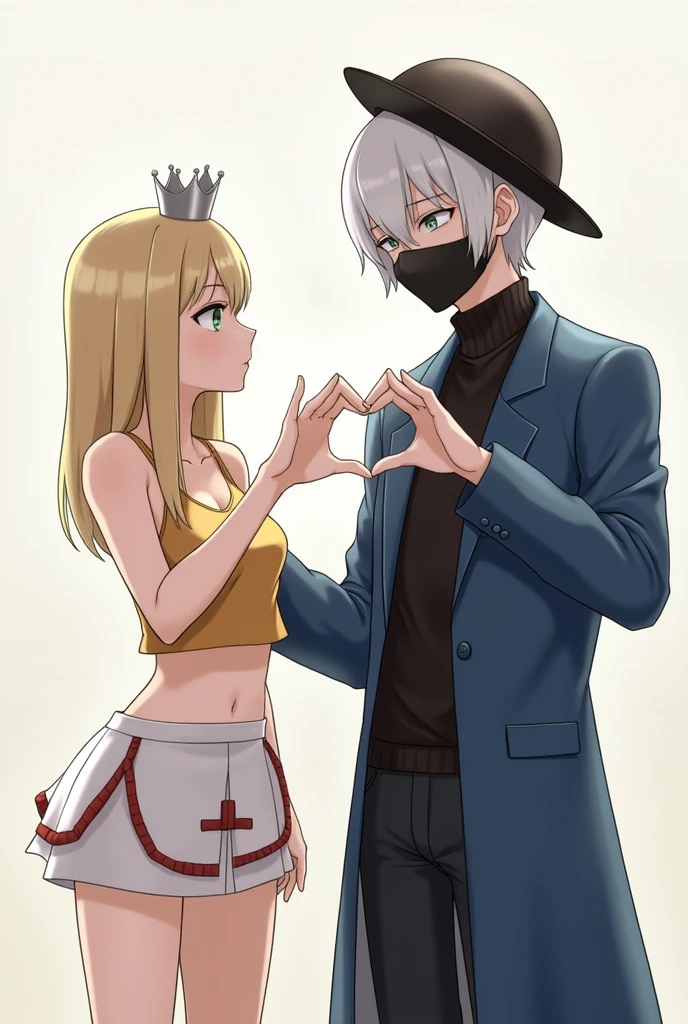 create a realistic adult female character with straight hair,blond, with a silver crown on his head,greeneyes,wearing a gold tank top showing her belly,wearing a short white skirt with red details,and next to him is a realistic adult male character, small white hair, eye white,wearing a round hat covering his forehead, a mask that is covering up to your nose, is wearing a black turtleneck, with a long blue jacket. The two are completing a heart with their hand.