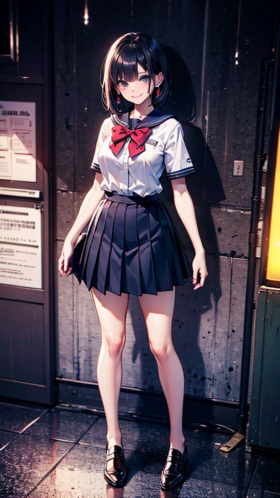 One girl, solo, High resolution, masterpiece, accurate, Anatomically correct, Winner of numerous awards, Highest quality, Damaged, High-resolution model, High detail, Retina, Very detailed, Textured skin, Ultra high definition, movieの光効果, movie, movie撮影, Chiaroscuro, Background blur, Everything detailed and exquisite、Complete human body、Correct human body、Perfect human body、Accurate human body、Detailed Background、Elaborate Background

,(((night:1.8, Desaturated lighting、Lights out 1.8)))、


Short Bob Hair, Black Hair, Bangs, 

Large Breasts, Heart-shaped earrings, Sparkling eyes, smug face, Grin, A seductive smile, smug face, Make a smile with your fingers, Heart-shaped eyes, Mischievous, Naughty face, 

Cowboy Shot, View from the outside, 

Short sleeved white cutter shirt、Large Breastsの谷間、Navy blue pleated skirt、barefoot、Healthy legs、Black Loafers、(High school girl uniform:1.5), Summer clothes、

rain、rain宿り、bus stop、Rural countryside、Under the scorching summer sun、