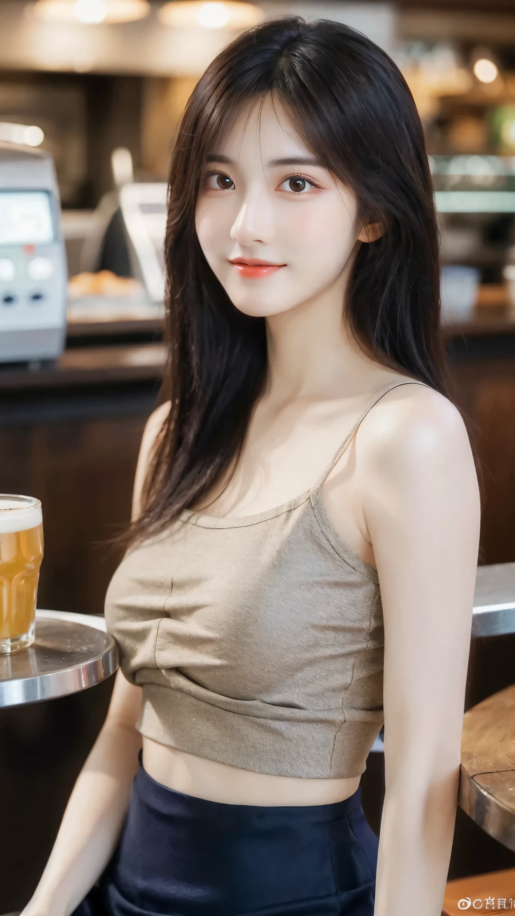 (8k, RAW Photo, Best Quality, Masterpiece:1.2), table top, Ultra Detail, Super Resolution, (Realistic, Realistic Photo:1.37), Portrait, High Detail RAW Color Photo, Professional Photo, Extremely Detailed and Beautiful, Extremely detailed, 8k wallpaper, amazing and detailed, huge file size, official art, highly detailed CG unity 8k wallpaper, highly detailed beautiful girl, highly detailed face, highly detailed eyes, highly detailed skin, highly detailed fingers, highly detailed nose, very detailed detailed mouth , perfect anatomy, highly detailed background, highly detailed clothes, 1girl, ,cute girl, realistic body, fair skin, glowing skin , slim body, handsome body, black hair , Semilong hair, (blunt bangs:1.2), smile, cute, youthful, cute face, realistic face, delicate eyes, drooping eyes, looking at viewer, standing posture, Contraposto, dynamic lighting, (medium breasts), (Perfect Body Proportions), (slender Body Proportions), (tank top), (mini skirt), (Inside the pub),