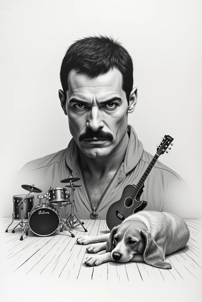 A pencil sketch of singer Fred Mercury and in the background a stage with only a broken drum kit and a guitar on a stand and a dog lying next to it