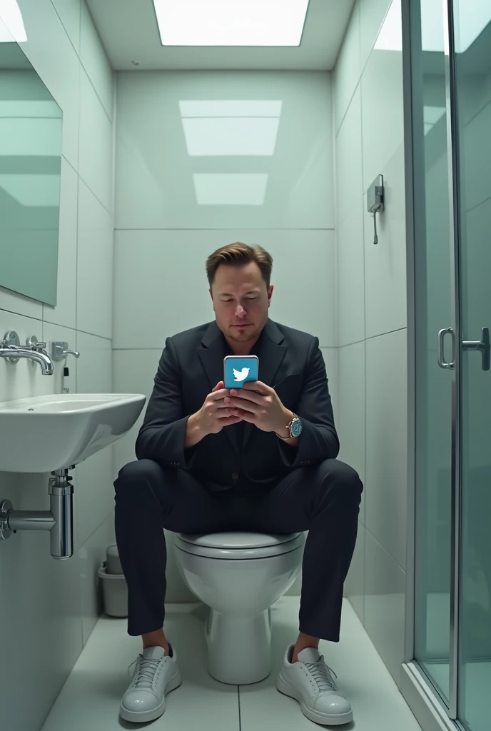 Create an image of Elon Musk sitting on the toilet using his cell phone on the social network Twitter