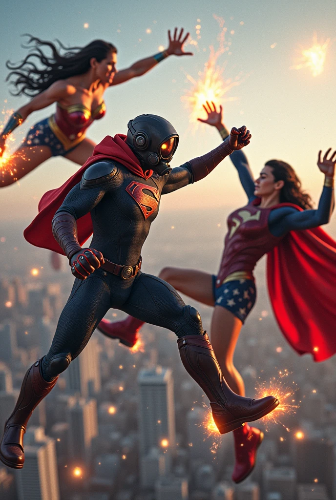 Young Star-lord with red hoodie, headphones, star-lord helmet, gas helmet, covered mouth, round red eyes, Red eyes, magic rings in the hands and rocket boots, Vs, Wonder woman (Big tits), Vs Superman, Fighting, power, fiction, full body, 3 persons, magic lasso, hight, fall, fire in boots, poweful spells, fighting, realistic, helmet, mask, punch, gun, flying in the sky, magic portal, view of the city from above, hug