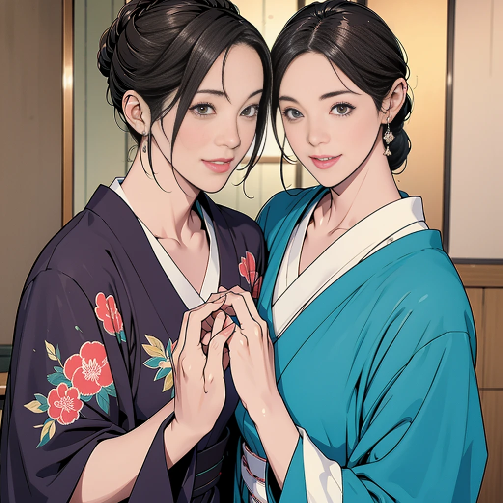 Double,Japanese Hairstyle,Photorealism,detailed,masterpiece,One and one,Smile and hold hands