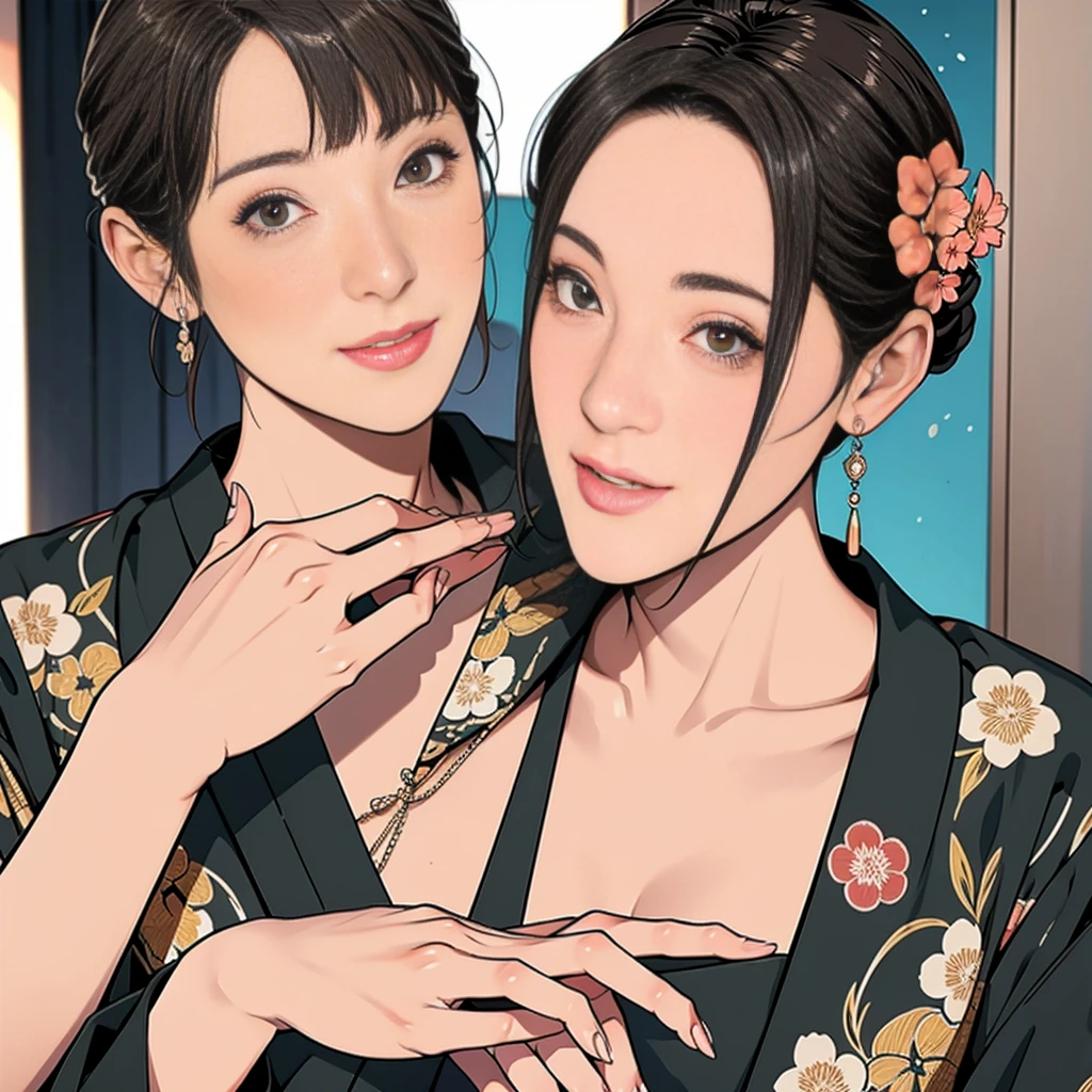 Double，Japanese Hairstyle，Photorealism，detailed，masterpiece，One and one，Smile and hold hands
