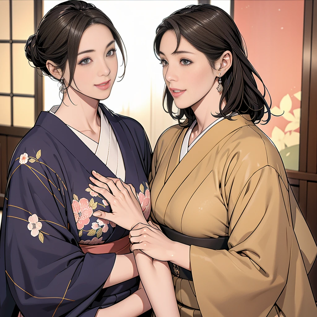 Double,Japanese Hairstyle,Photorealism,detailed,masterpiece,One and one,Smile and hold hands