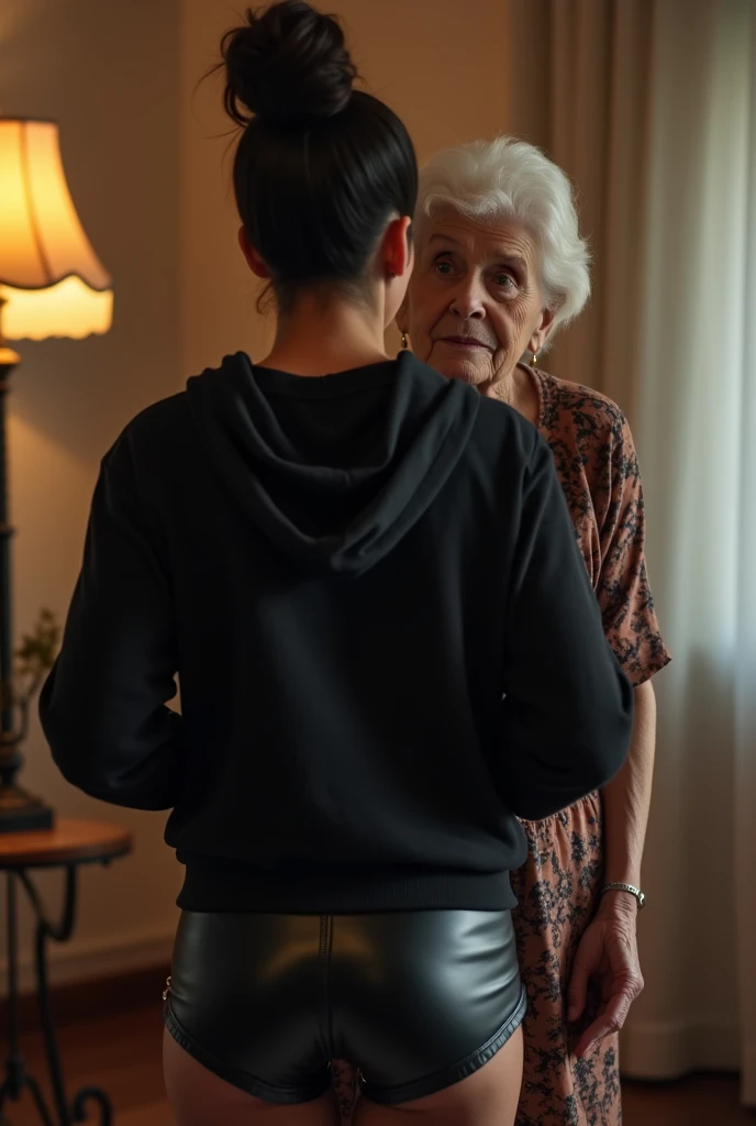 black woman hair in a bun black hoodie black leather short shorts being fucked in the ass by a old grandma in a dress
