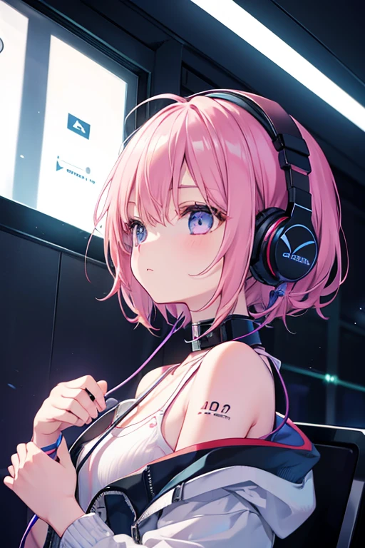 A girl wearing headphones is listening to music in a dark room、Oblique angle