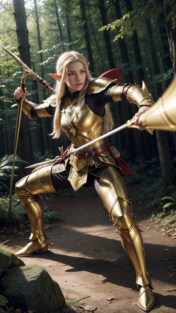 photo realistic image, of a strong elf with golden armor, at a forest, holding his bow in combat stance.