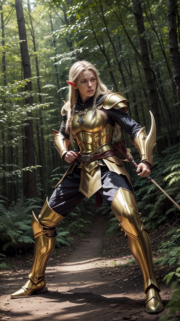 photo realistic image, of a strong elf with golden armor, at a forest, holding his bow in combat stance.
