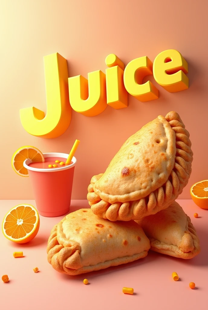 Make a poster with the phrase empanadas plus juice, put the value which is r$ 10 somewhere in the image put third and write 3D count the value which is r$ 10 be well centered in the middle and the image should have several little pies but the juice Write TERCEIRÃO 3D in Everything in Portuguese