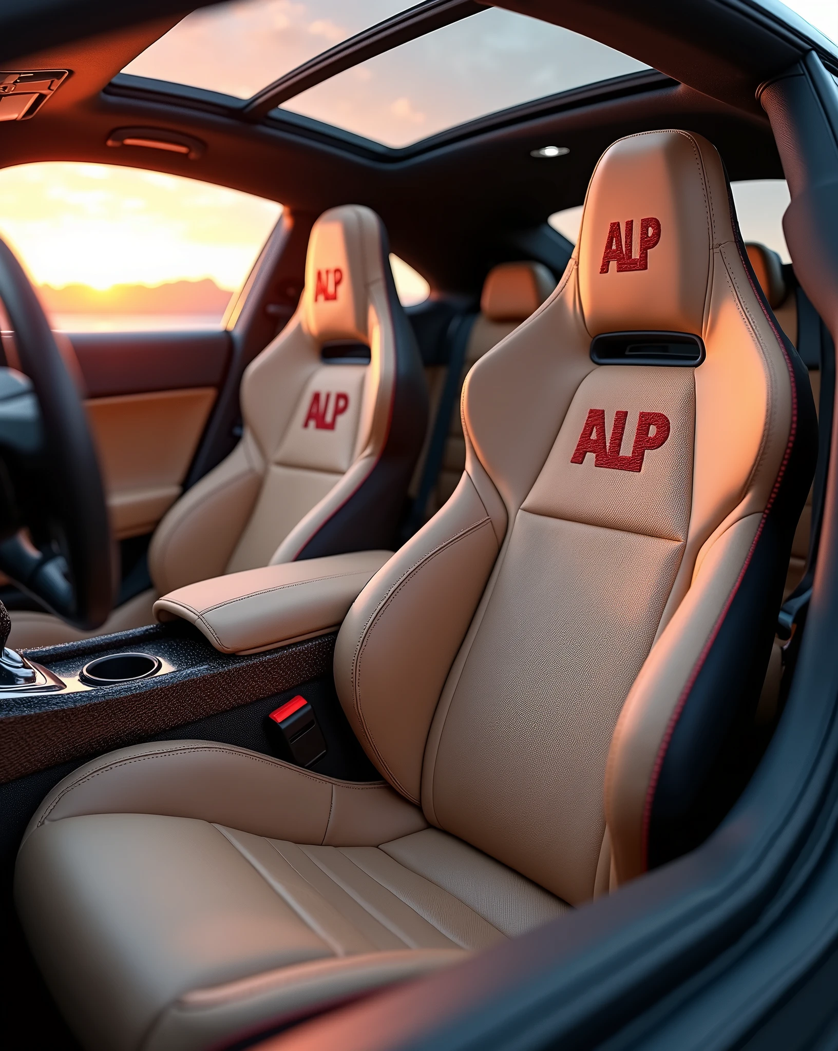 Camera view at 3/4 angle (45 degrees). The highlights are the sports seats in beige synthetic leather with the initials “ALP” written in crimson red embroidery on the headrest, the doors and side panels finished in carbon fiber and walnut wood, creating a mix of modernity and tradition. and the panoramic sunroof that is closed and reflects natural daylight. | Natural light with a magnificent pink-orange sunset in the outdoor environment. Classic"