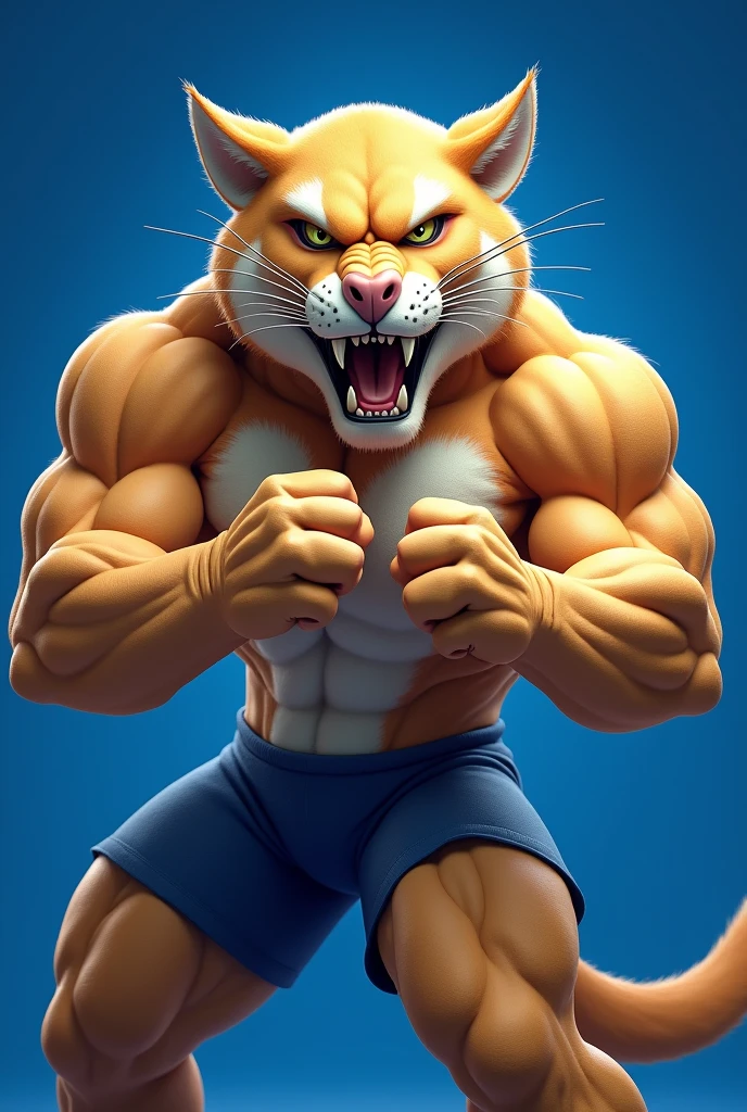 Beige Puma University Mascot Not Realistic Blue Background Angry Muscular