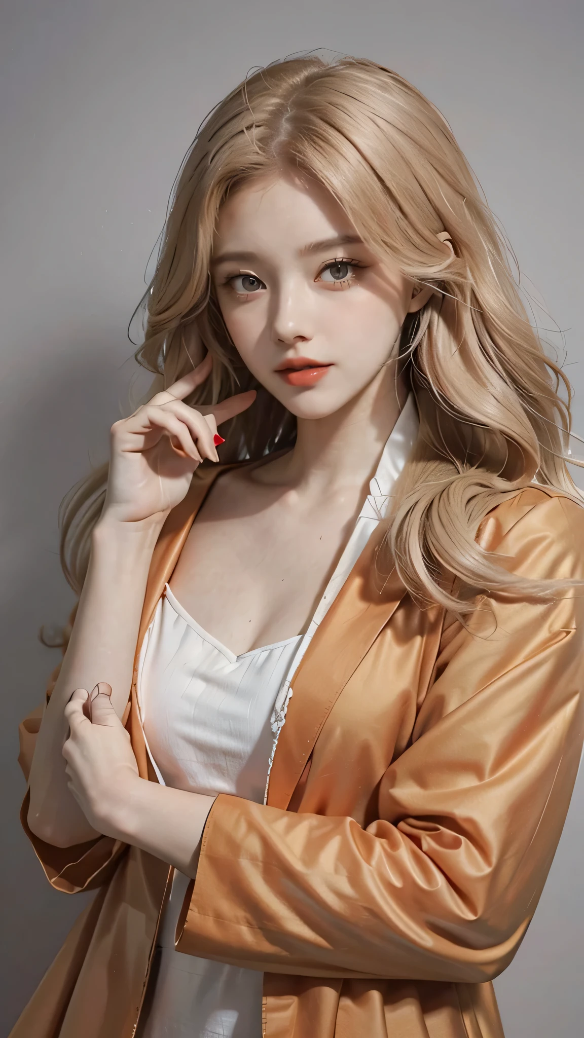 Girl wearing, luxury orange coat, shoulder length hair, wavy hair, glowing skin, star in eye, red lips, grey  background, cute poses , upper body, light blonde hair.