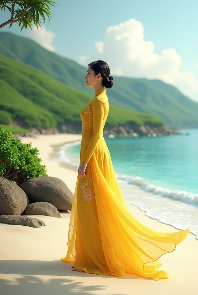 Yellow Vietnamese Ao Dai, Tea hill theme on white sand beach