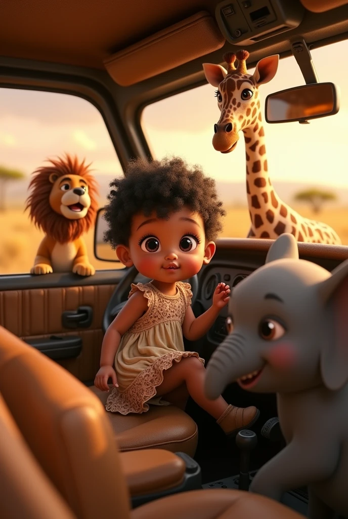 Eight month old baby girl dressed in safari dress black short hair curled at the ends hair cut on the sides big eyelashes round dark eyes full mouth in a jeep with a lion baby a zebra baby a giraffe baby an elephant baby inside the jeep Pixar 3d