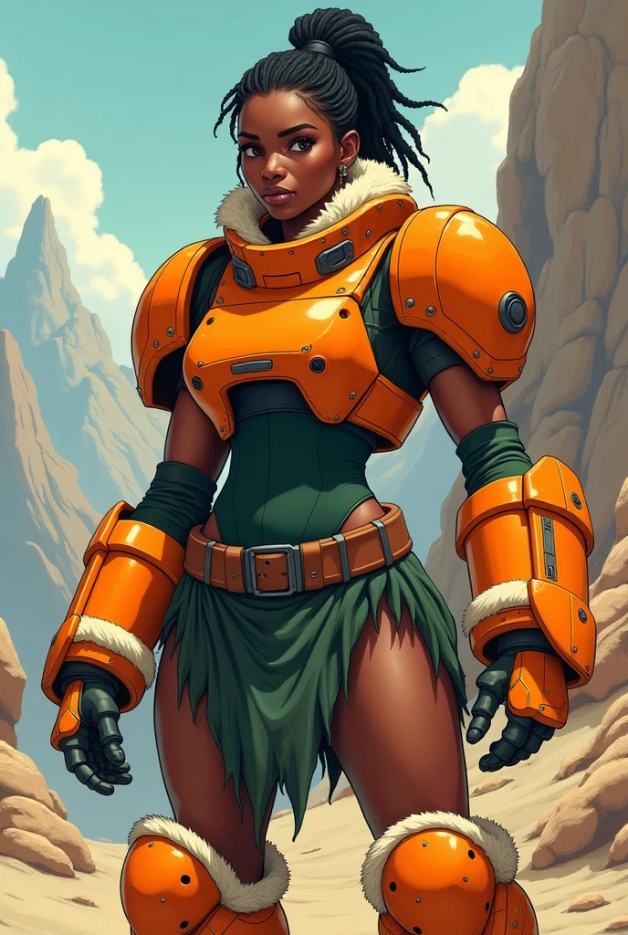 in a cartoon style depict an affrican woman in orange power armor covering her arms, shoulders and upper chest. The armor is a bold orange and very heavy looking, with bulky blocky features especialy over the chest, the shoulder pads of the armor or large and round. Under the armor is a dark green suit that covers her arms. the collar of the armor is high and fringed with fur. The gauntlets are bulky and robotic, and fringed with fur around the tops. Her midriff is bare and exposes her fit stomach. Around her waist is an old thick leather belt, covering her lower body is a ragged dark green loin cloth that leaves her hips and legs bare. Her upper legs are bare while on her lower legs she wears heavy orange armored boots, topped with fur. Her short black hair is in dreadlocks which are pulled back in a pony tail. The background is a rocky terrain with a barren mountain behind her.
