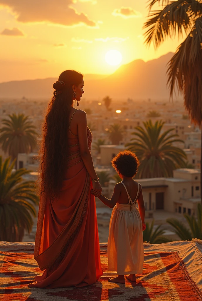 Une femme amazighe avec son jeune fils debout sur le toit de la maison. La femme s'appuie avec ses mains sur le mur et son autre main au-dessus de sa tête pour cacher le soleil de ses yeux. De très belles images en haute résolution, comme s'il s'agissait d'un tableau de Léonard de Vinci. . Au-dessus du toit, vous pouvez voir des maisons en torchis, des palmiers et des montagnes au loin. La femme est debout sur un tapis berbère, portant des accessoires berbères. L'image de la femme est proche et grande, et l'heure est au lever du soleil.