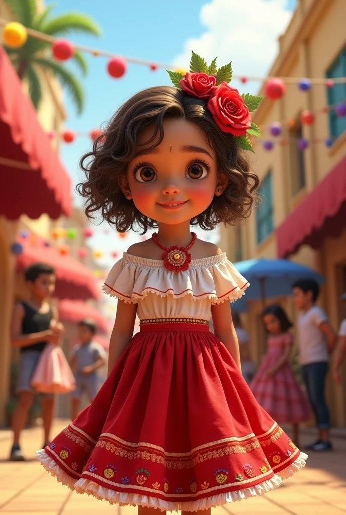 a child with medium brown hair and curls, eyes browns , skin fair. dressed in a red dress skirt and white top Mexican mariachi style without a bun hat or hair tied up with the background of the movie Viva la Vida is a Party by Disney Pixar