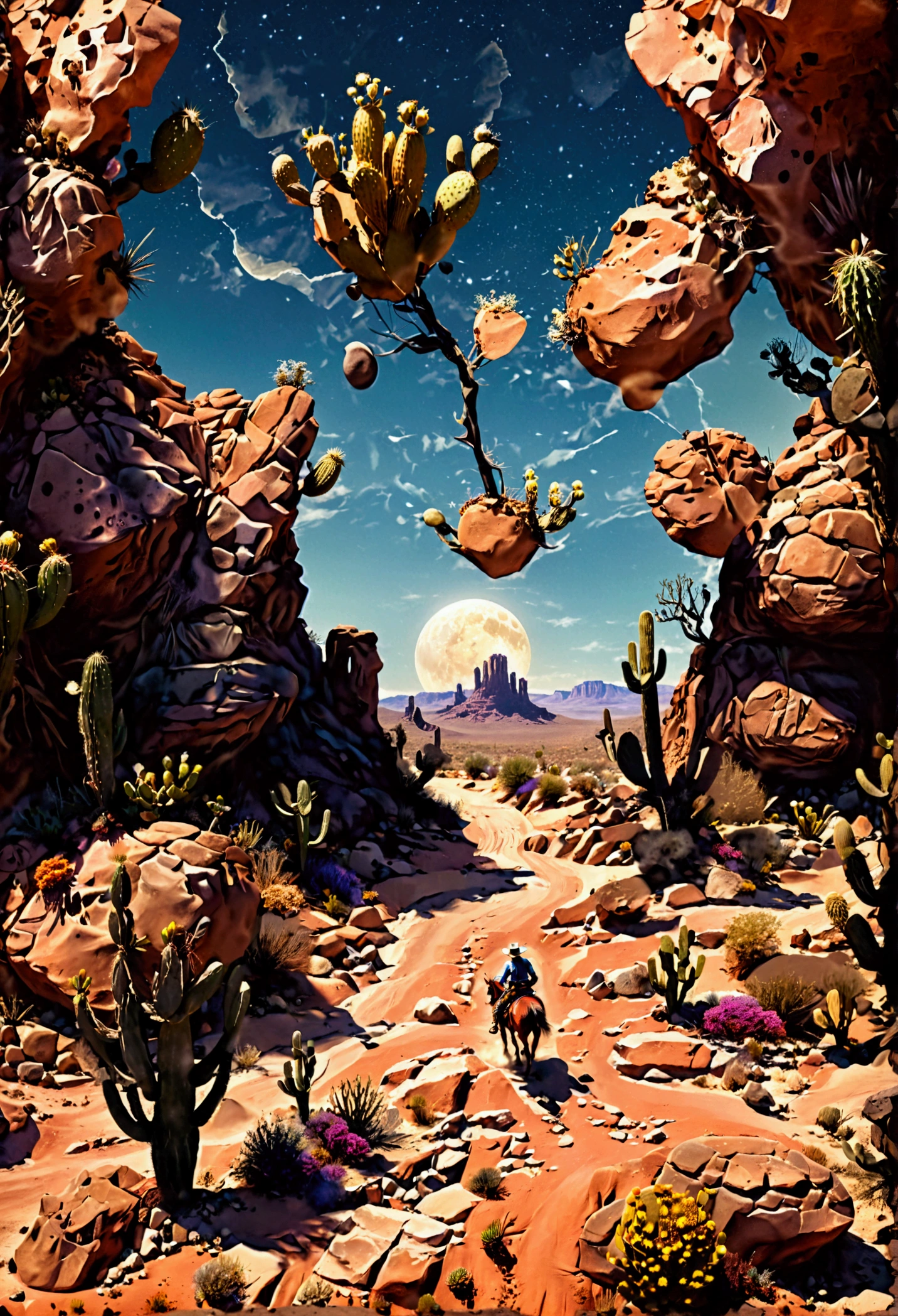 The camera pulls back to reveal the outskirts of the town, where the desert stretches endlessly. Floating rocks drift lazily above the cracked, dry ground, while glowing cacti cast eerie shadows. A lone cowboy rides into the distance on a biomechanical horse, the scene bathed in the soft light of two moons hanging low in the sky.