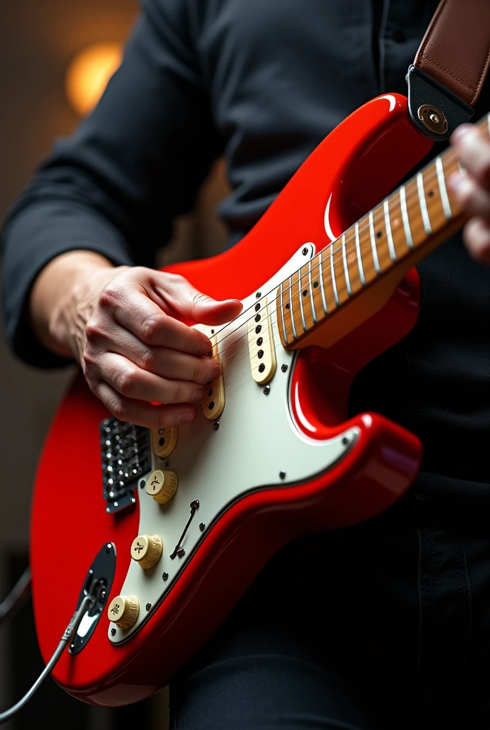 A red fender stratocaster guitar with hands playing it 