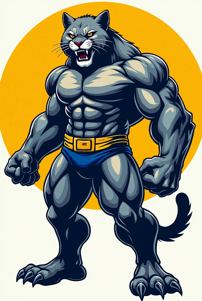 create an illustration for university athletics, use the size accepted for graphics. The frame border needs to be circular, Inside the frame, put an anthropomorphic and hypertrophied puma, centralized, From the waist up, the left arm must be flexed, displaying the muscles, the right arm stretched out, the expression is one of ferocity, aggressiveness, showing teeth, in a way that demonstrates grandeur, make her hairy. use yellow colors in the composition, blue and white.